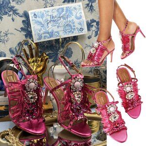 🆕 KURT GEIGER LONDON 🧿 NWOB Jewel Fringe Heel Sandal, Fuschia - Sz 37 US 7